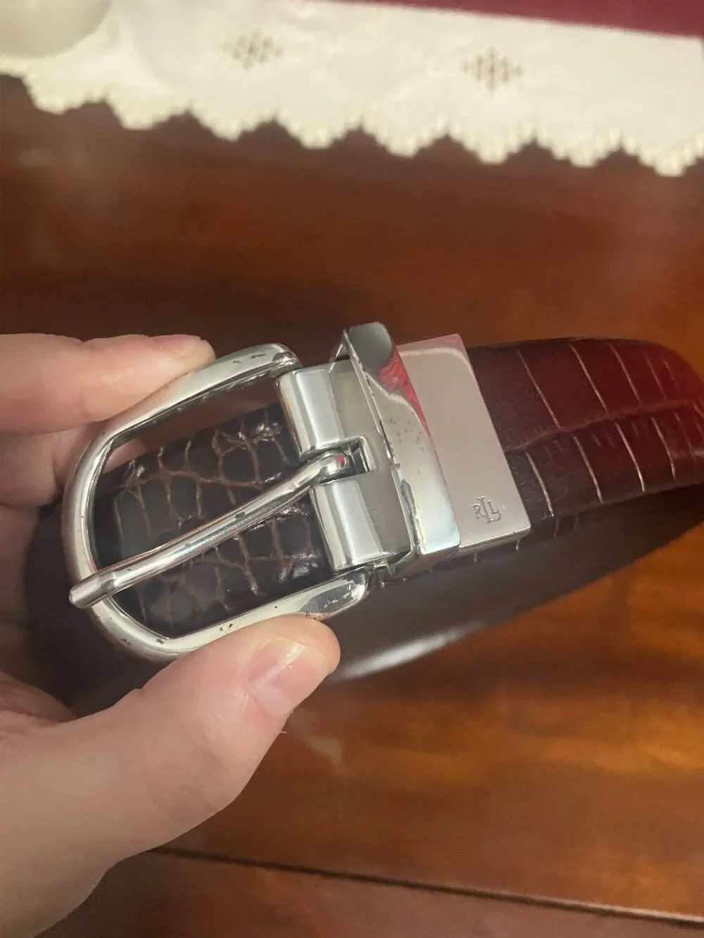 Ralph Lauren Dark Brown Croc-Embossed Leather Belt with Silver Buckle